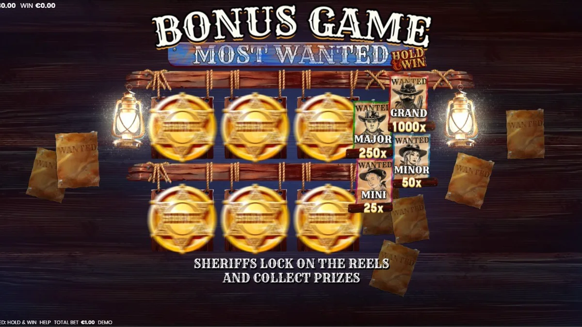 Tampilan visual slot Most Wanted: Hold & Win dengan tema Wild West yang ikonik