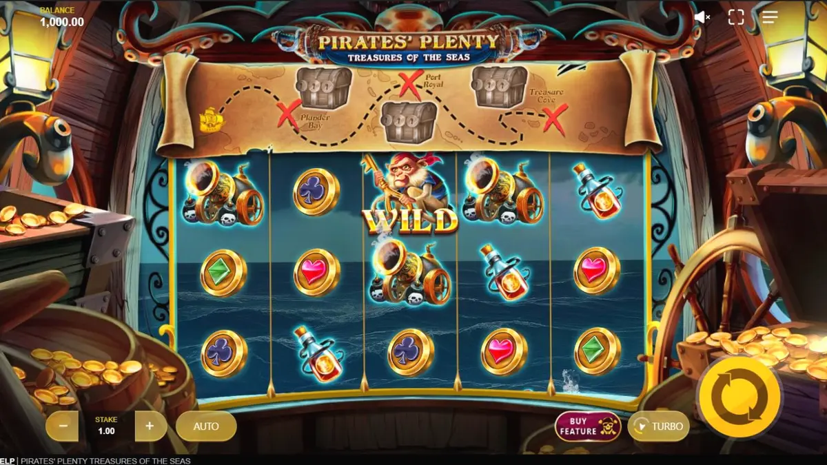 Tampilan visual slot Pirates’ Plenty: Treasures of the Seas dengan tema bajak laut dan kapal.