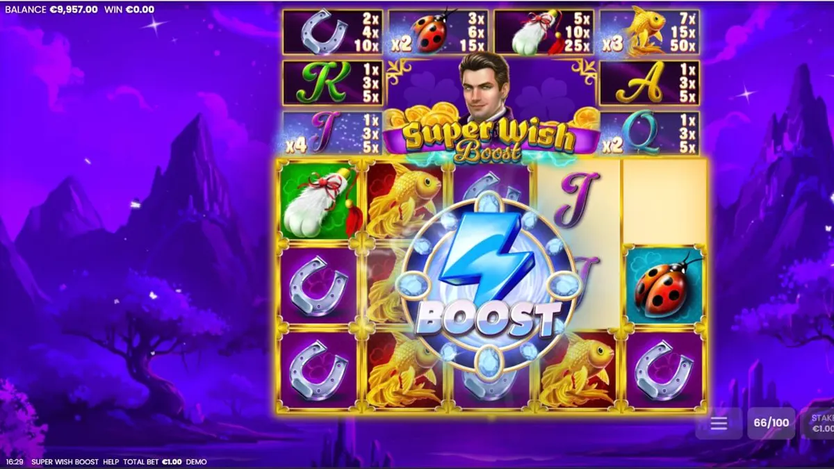 Tampilan visual slot Super Wish Boost dengan tema fantasi dan simbol keberuntungan