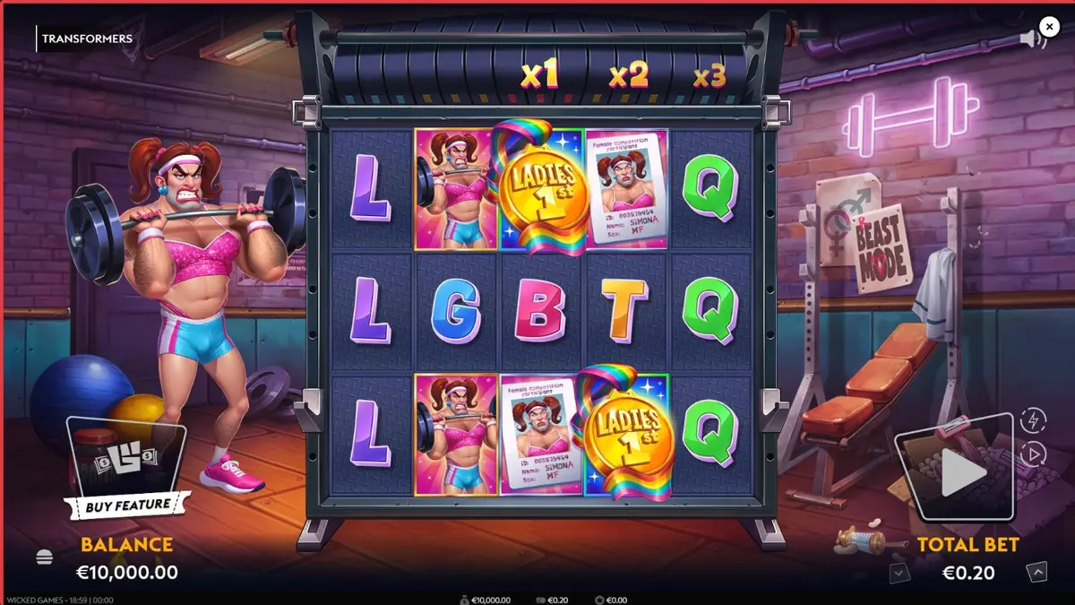 Tampilan layar permainan slot Transformers dengan tema arena distopia dan karakter Brosephine